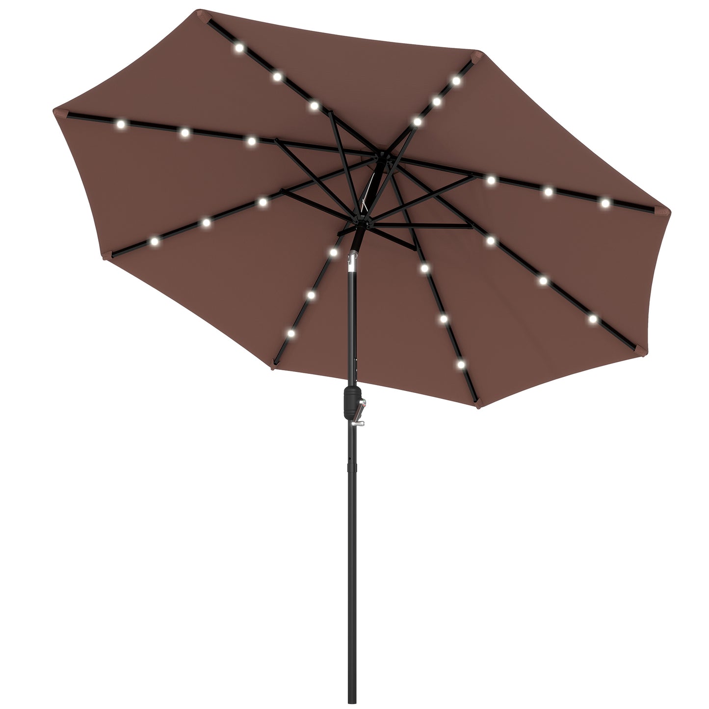 Φ2.7m Garden 24 LED Light Parasol Solar Outdoor Tilt Sun Umbrella Patio Club Party Event Manual Sun Shade w/ Hand Crank and 8