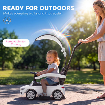 3 in 1 Licensed Benz Ride on Push Car with Handle, Canopy, Guardrails, Horn, Music, Storage for 12-36 Months, White