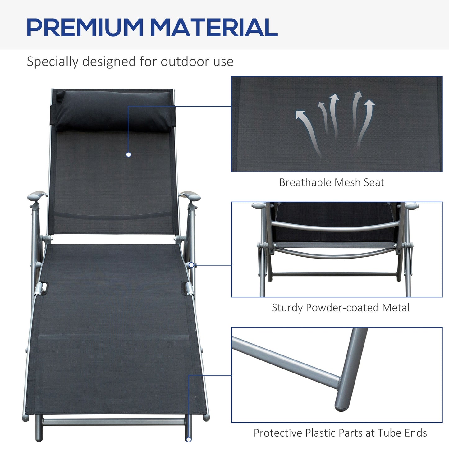 Sun Lounger Steel Frame Outdoor Folding Chaise Texteline Lounge Chair Recliner with Headrest & 7 Levels Adjustable Backrest