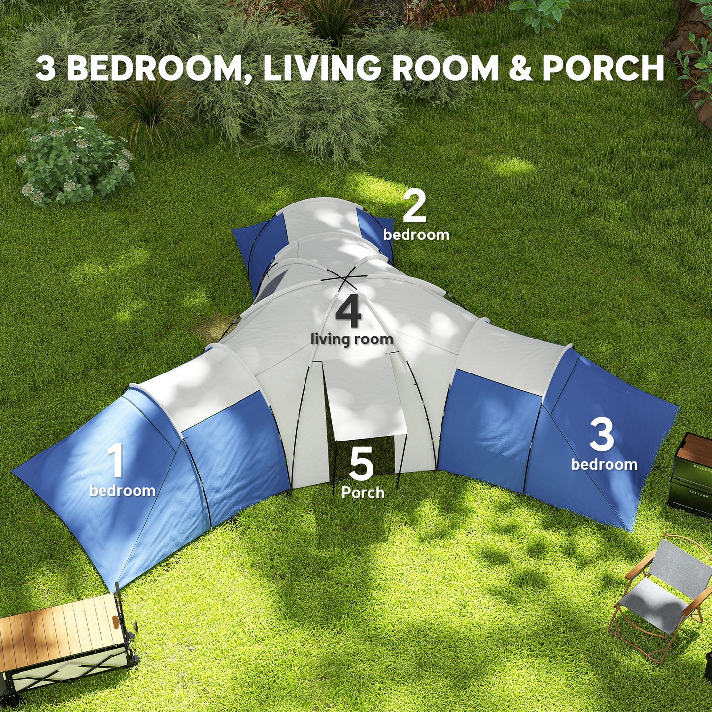 6-9 Man Tent with Bedrooms and Living Room, Accessories Included, Blue