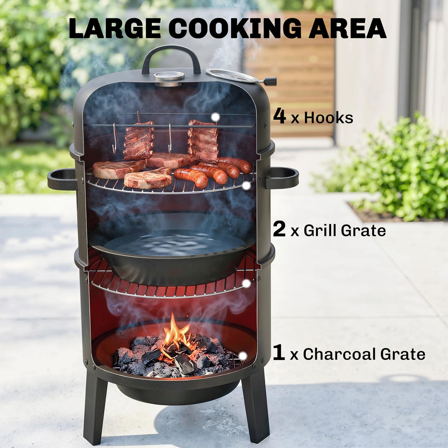 3-in-1 Vertical Charcoal Smoker with 2 Grill Grates, Built-in Thermometer, Adjustable Vent, 2 Doors