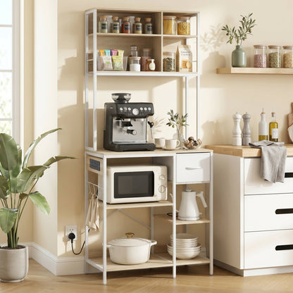 Kitchen Baker's Rack, Microwave Stand with Storage Shelves and 6 Hooks for Small Spaces