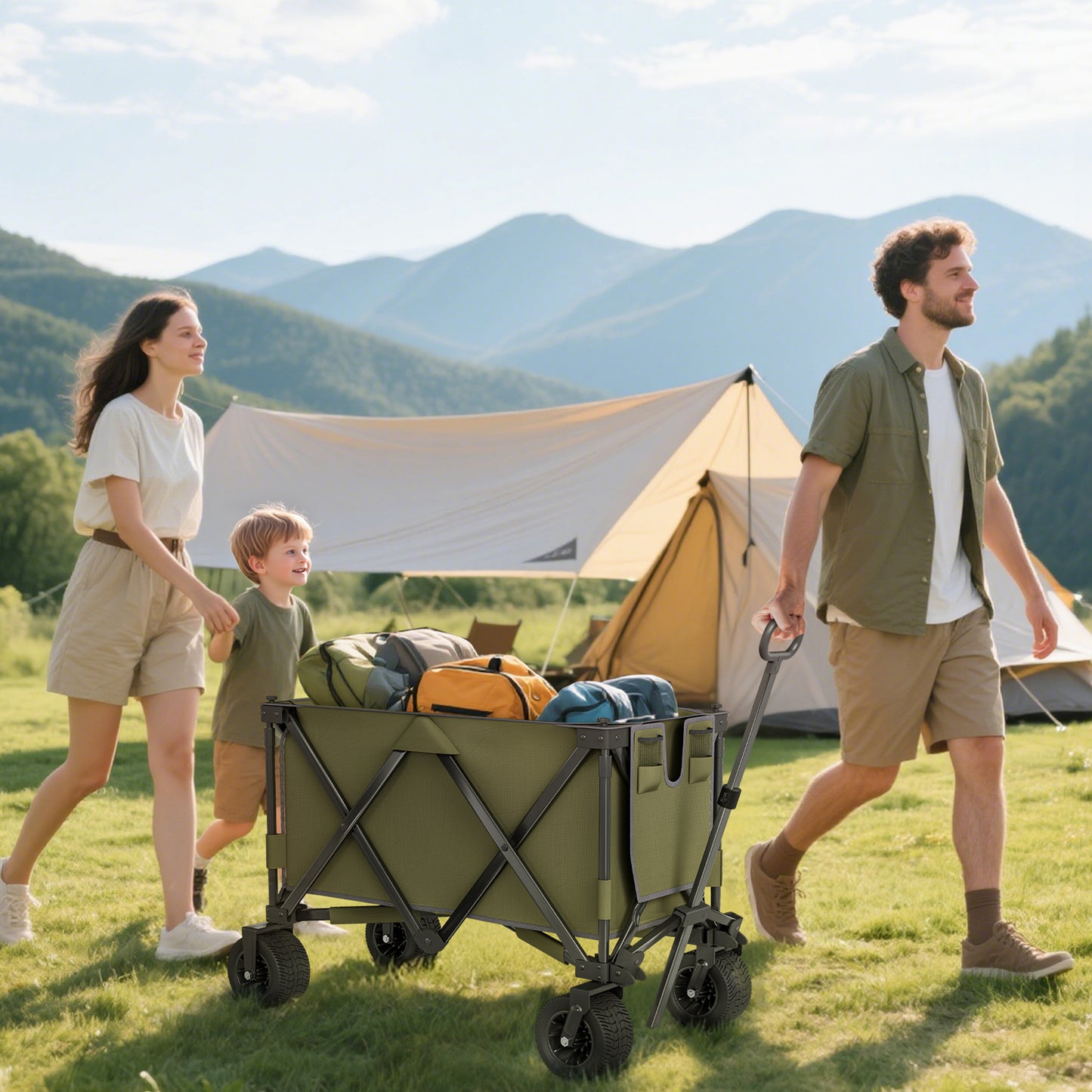 300L Festival Trolley on Wheels, Folding Camping Trolley Cart, Heavy Duty Collapsible Wagon Cart with Wide Wheels