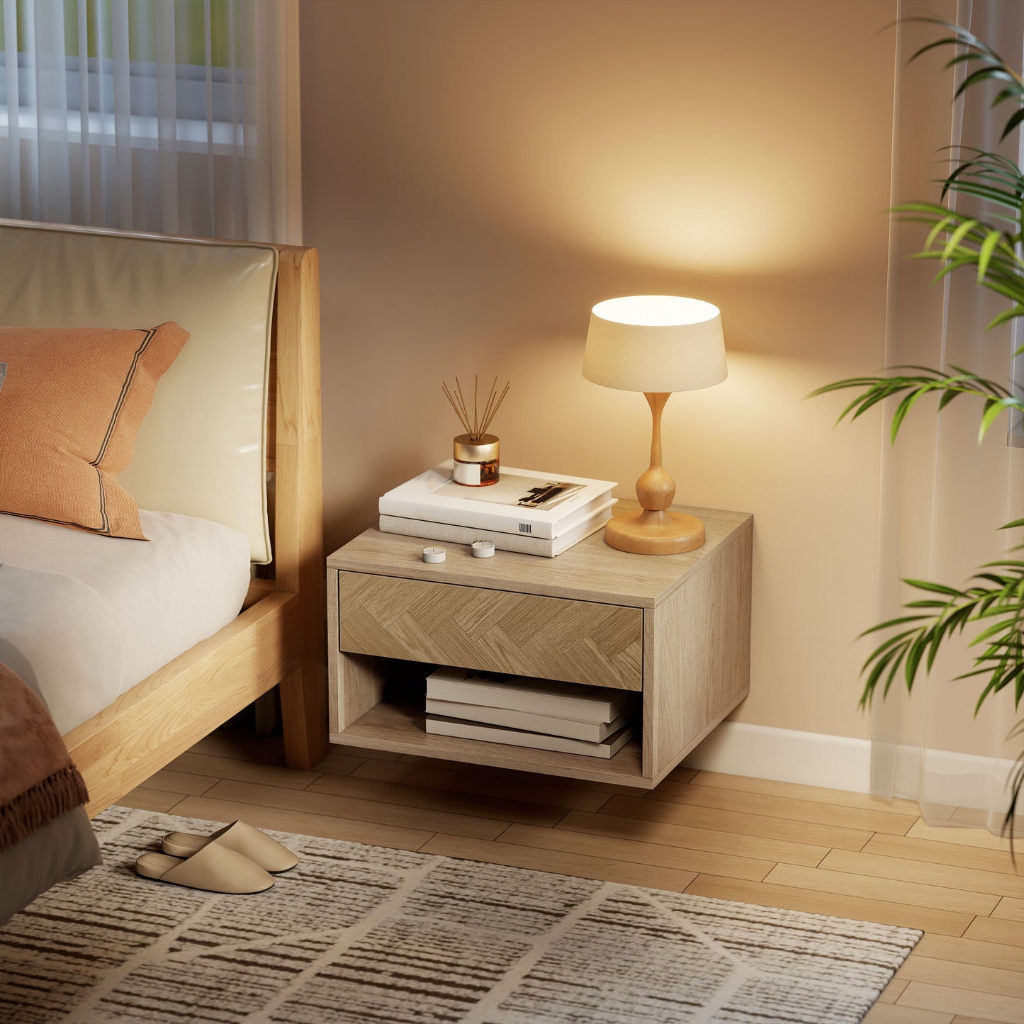 Set of Two Floating Bedside Tables - Natural Wood Finish