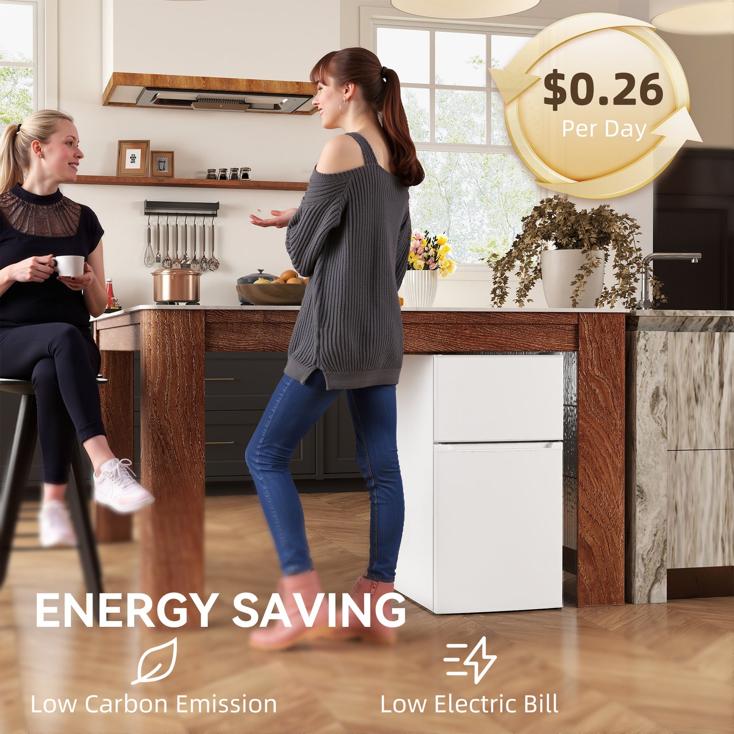 88L Under Counter Fridge Freezer, Small Refrigerator with 5-Setting, 3 Star Freezer Rating, White