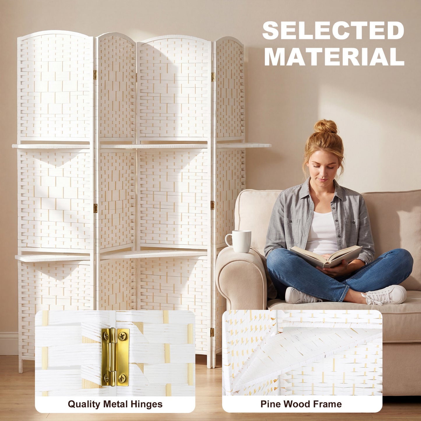 Freestanding Privacy Screen, 4 Panel Folding Room Divider for Living Room, Bedroom and Office, 160 x 170cm, White