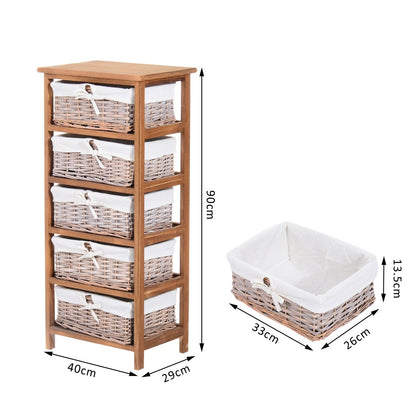 5 Drawer Dresser Wicker Basket Storage Shelf Unit Wooden Frame Home Organisation Cabinet Bedroom Office Furniture Natural Fin