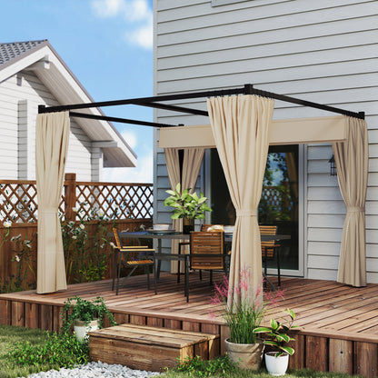 3 x 3(m) Retractable Pergola, Garden Gazebo Shelter with Curtains, for Grill, Patio, Deck, Beige