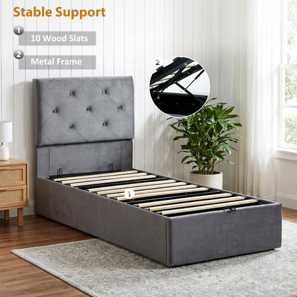 Single Bed Frame Gas End Lift Under Bed Storage Upholstered Platform Bed Tufted Headboard for 90 x 190 cm Mattress