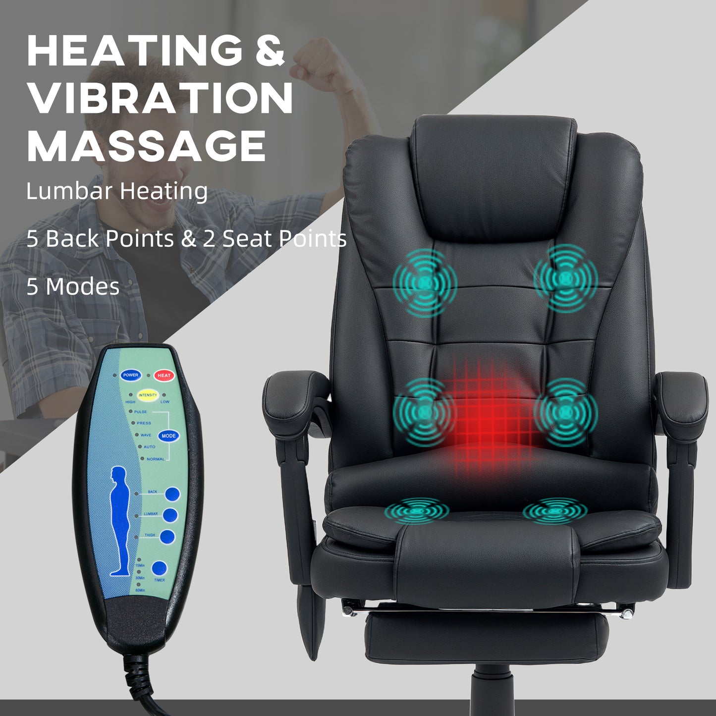 Office Chair with 6 Point Massage and Back Heat, PU Desk Chair with Footrest Adjustable Height and Swivel Wheels