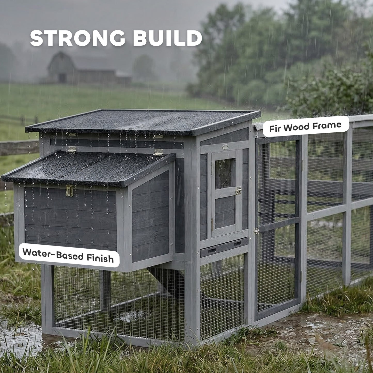 Large Chicken Coop, Wooden Hen House with Covered Run, Nesting Box, Pull-Out Tray, Opening Asphalt Roof