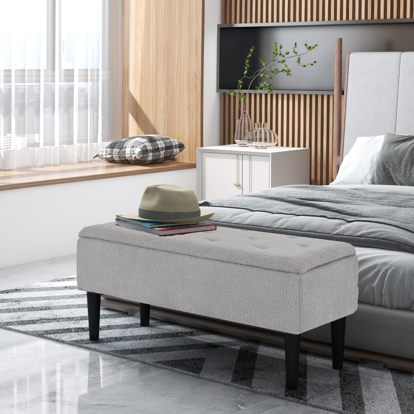 57L Storage Ottoman, End of Bed Bench with Wooden Legs, Fabric Footstool for Living Room, Bedroom, 95 x 38 x 45cm, Grey