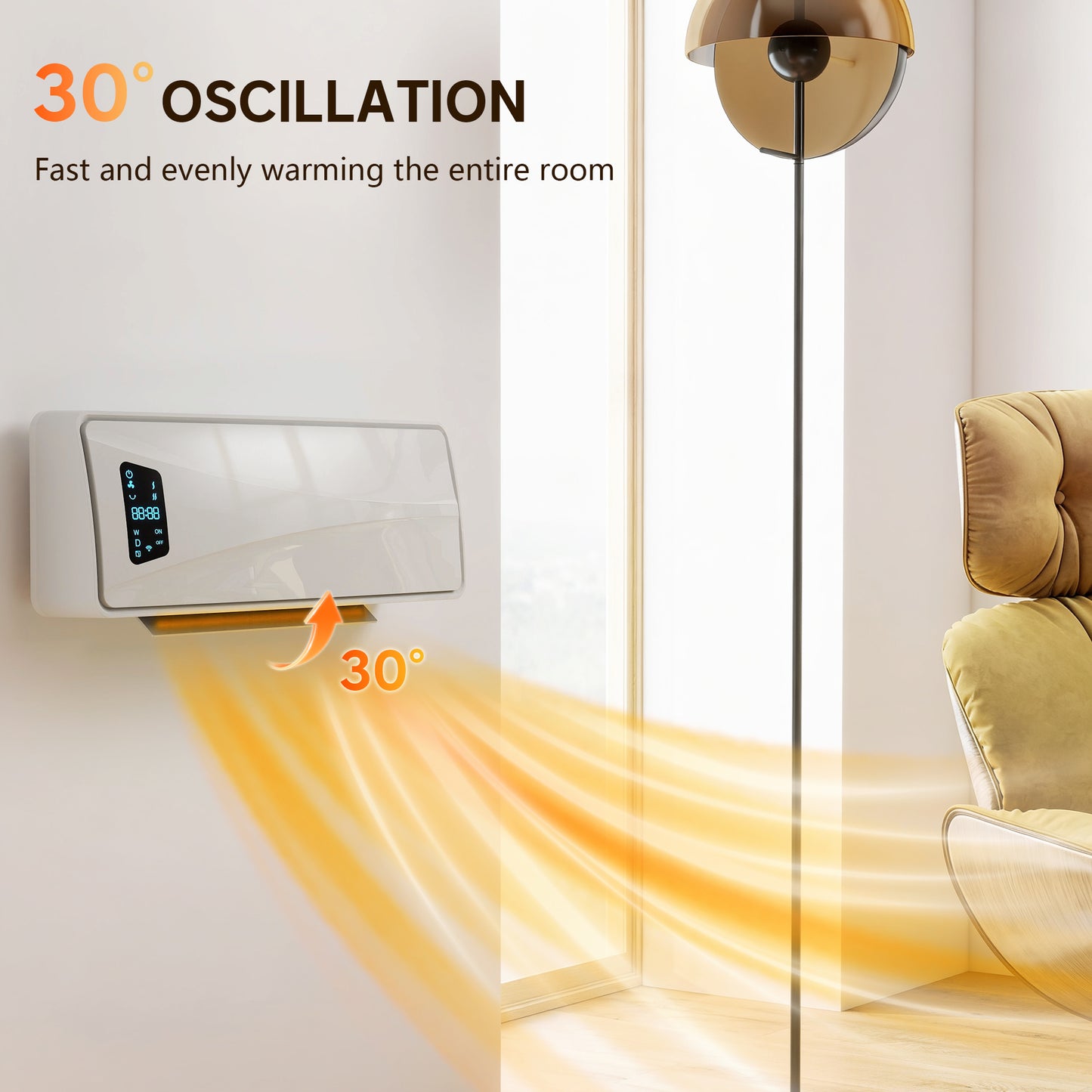 2000W Ceramic Electric Heater with Fan, Adjustable Thermostat, Wall Mounted - White