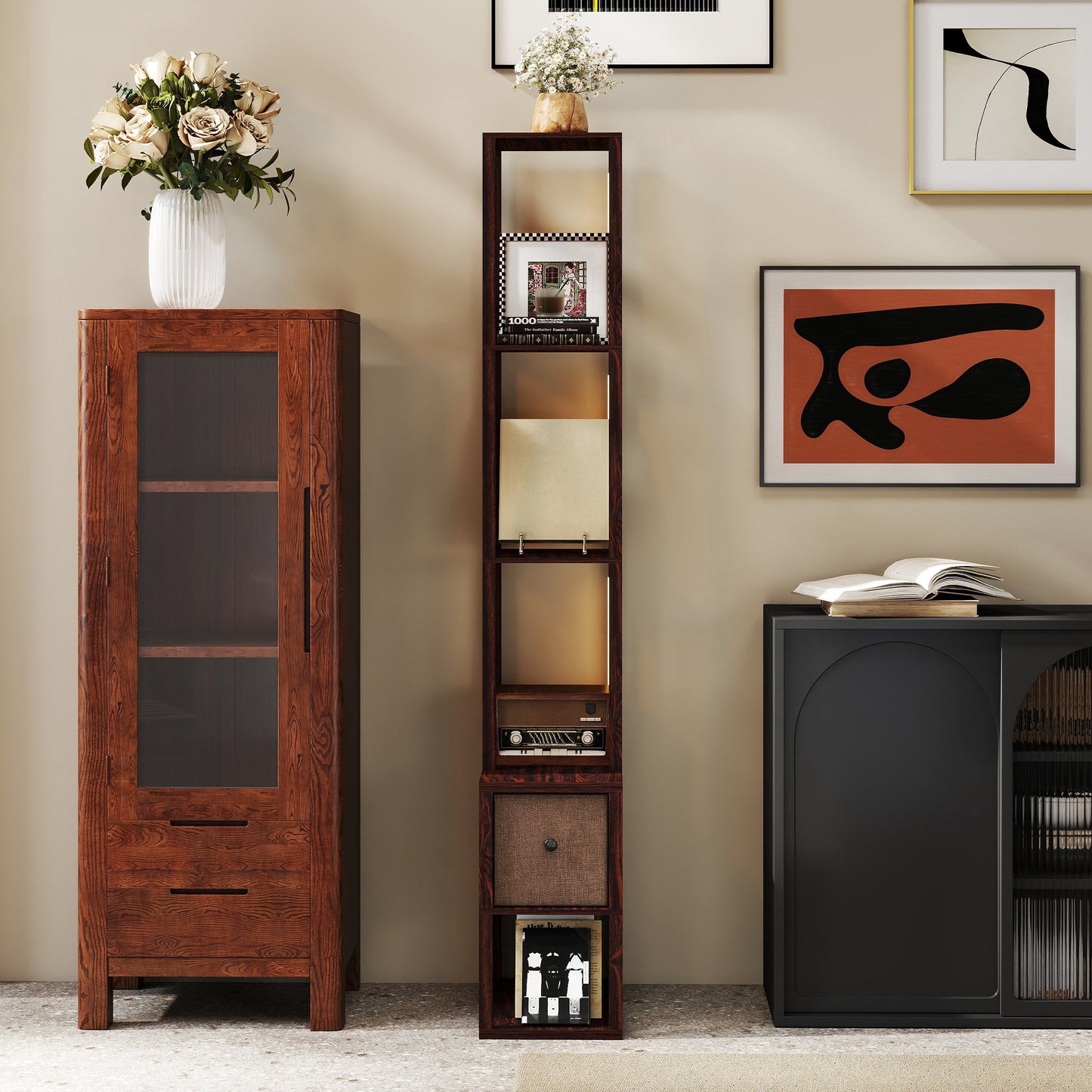 Floor Lamp with Shelves, LED Column Modern Standing Lamp with Fabric Drawer, Adjustable Brightness