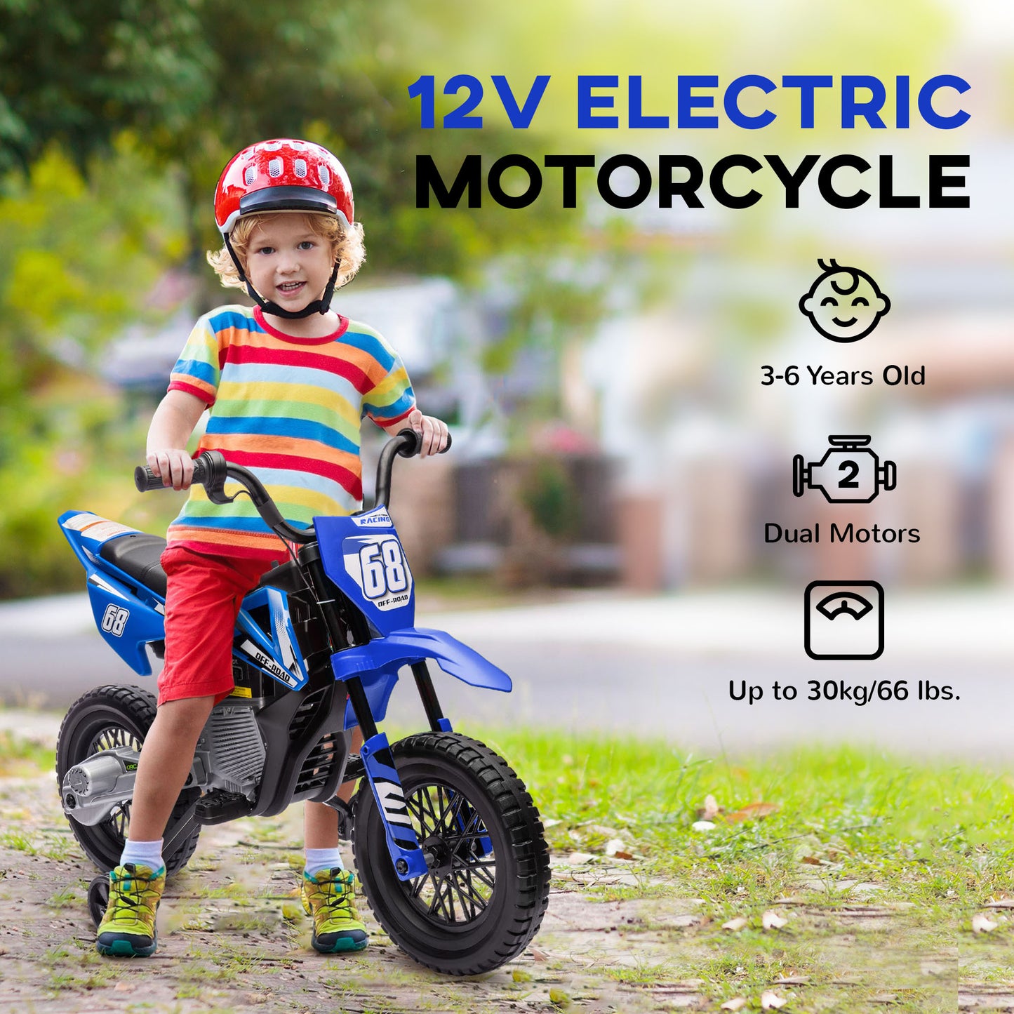 12V Kids Electric Motorbike, Kids Electric Ride on motorcycle w/ Twist Grip Throttle, Training Wheels, Blue