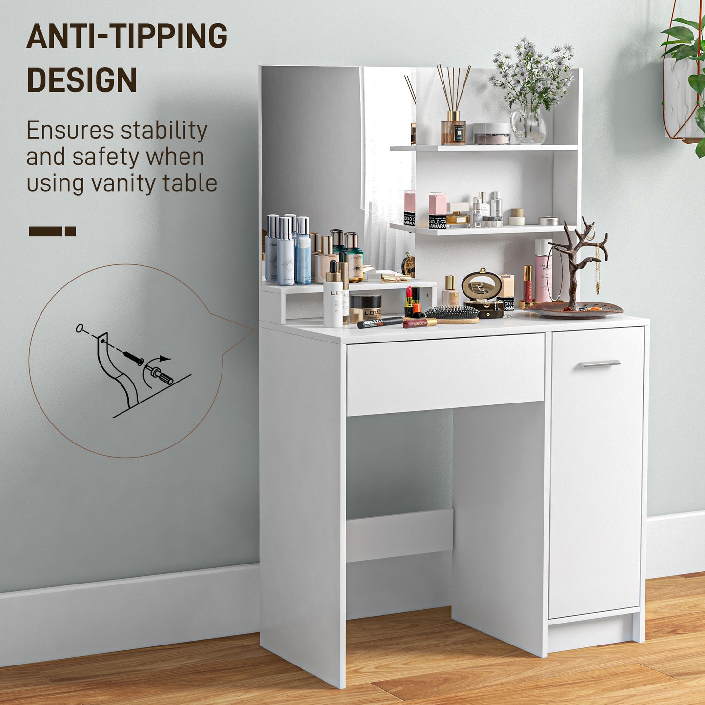 Dressing Table and Stool Set, with Storage - White