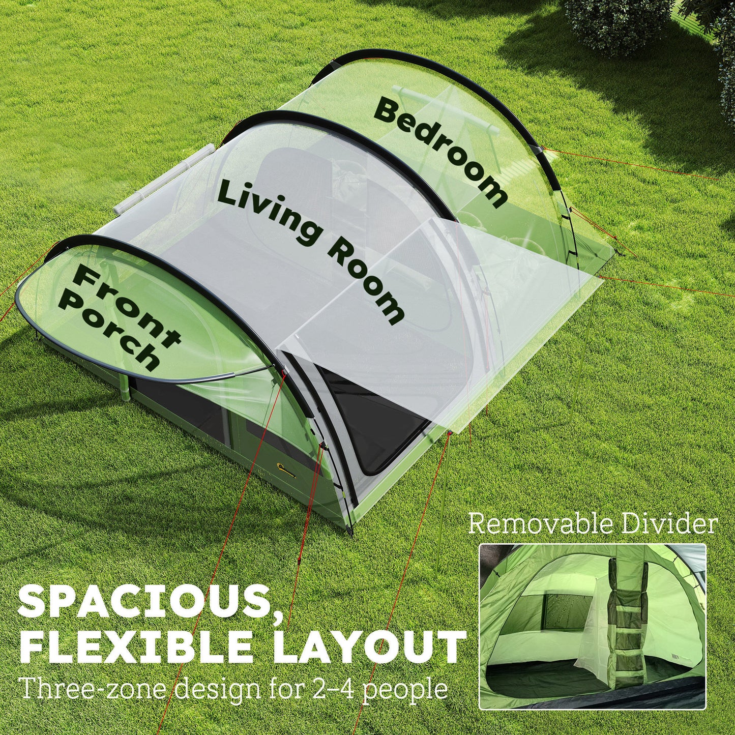 4 Person Easy Setup Family Camping Tent with 2 Rooms, Waterproof Tunnel Tent w/ Sewn In Groundsheet, Green & Grey