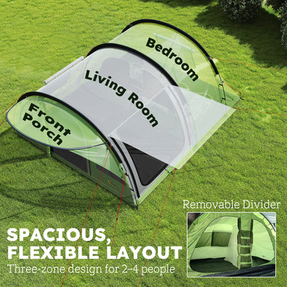 4 Person Easy Setup Family Camping Tent with 2 Rooms, Waterproof Tunnel Tent w/ Sewn In Groundsheet, Green & Grey
