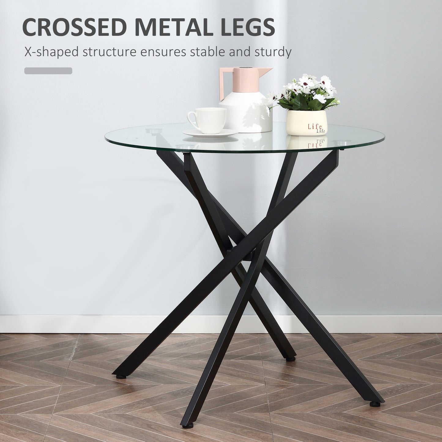 Dining Table with Clear Tempered Glass Top, Round Table with Metal Legs, Modern Kitchen Table for Dining Room Living Room