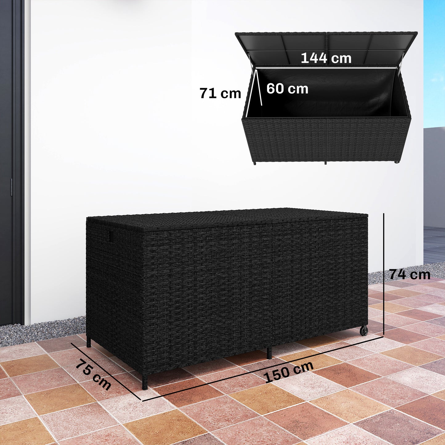 650L Garden Storage Box with 2 Wheels, Rattan Deck Box with Waterproof Zipped Liner, Safe Pneumatic Rods, Black