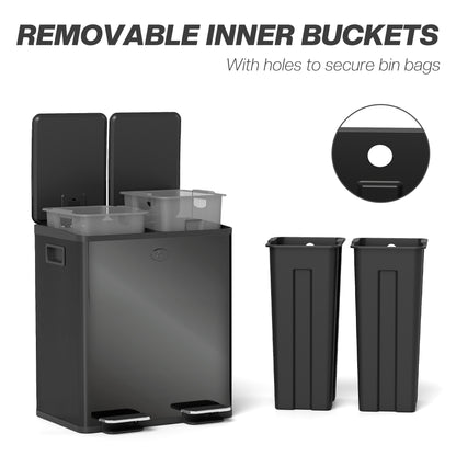 40L Dual Compartment Stainless Steel Bin, with Deodoriser Holders - Glossy Black