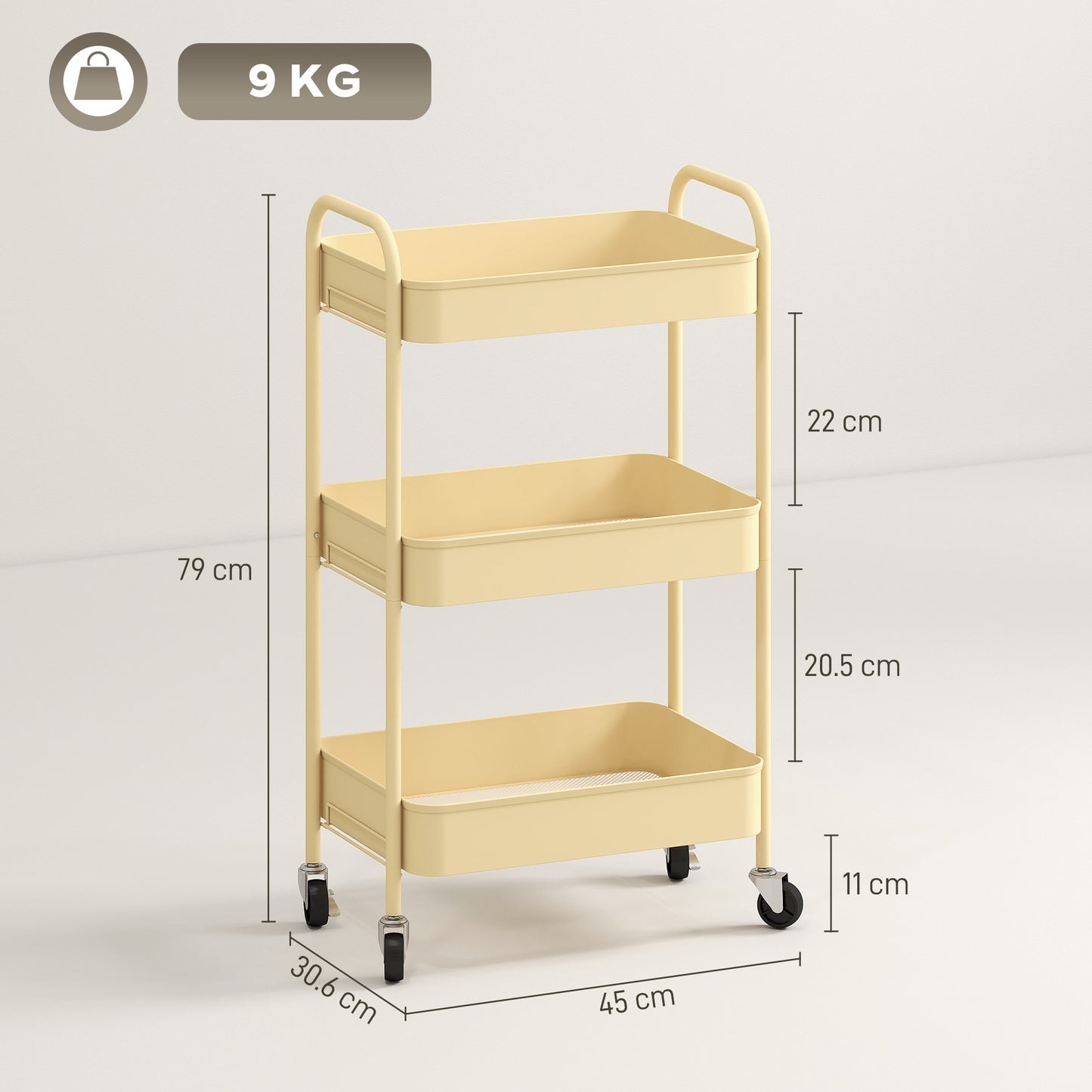 Three-Tier Steel Storage Trolley - Yellow