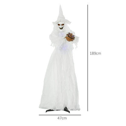 74 Inch Halloween Decorations White Witch Holding Pumpkin Head, Standing Skeleton Ghost Prop Life Size