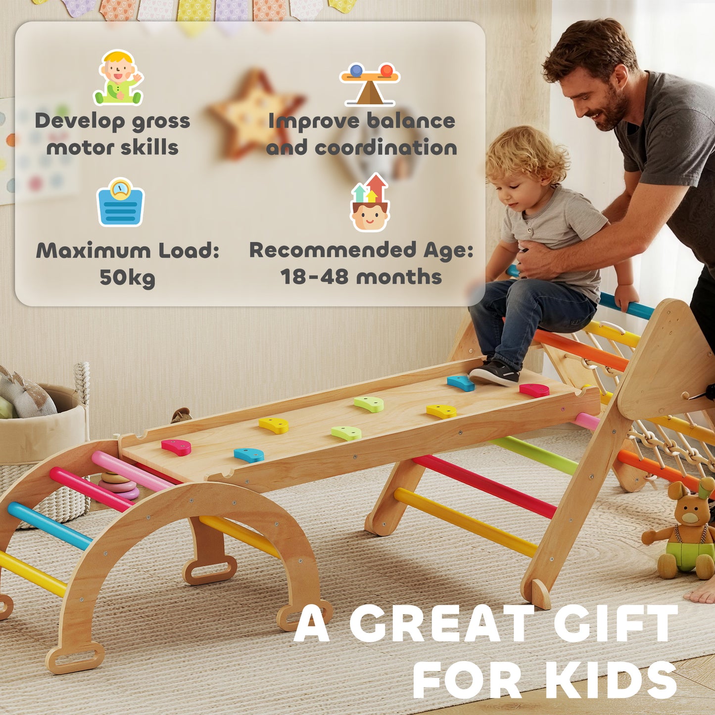 8-in-1 Toddler Climbing Frame, Indoor Play Triangle Set with Slide, Arch and Triangle Ladder, Multicolour