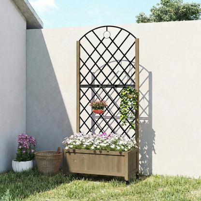 Raised Garden Bed with Metal Trellis, Wooden Elevated Planter Box w/Lockable Wheels, Outdoor Raised Planter, Carbonised