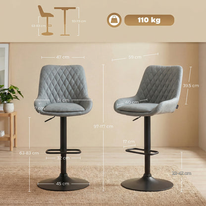 Set of Two Faux Leather Retro Bar Stools - Light Grey