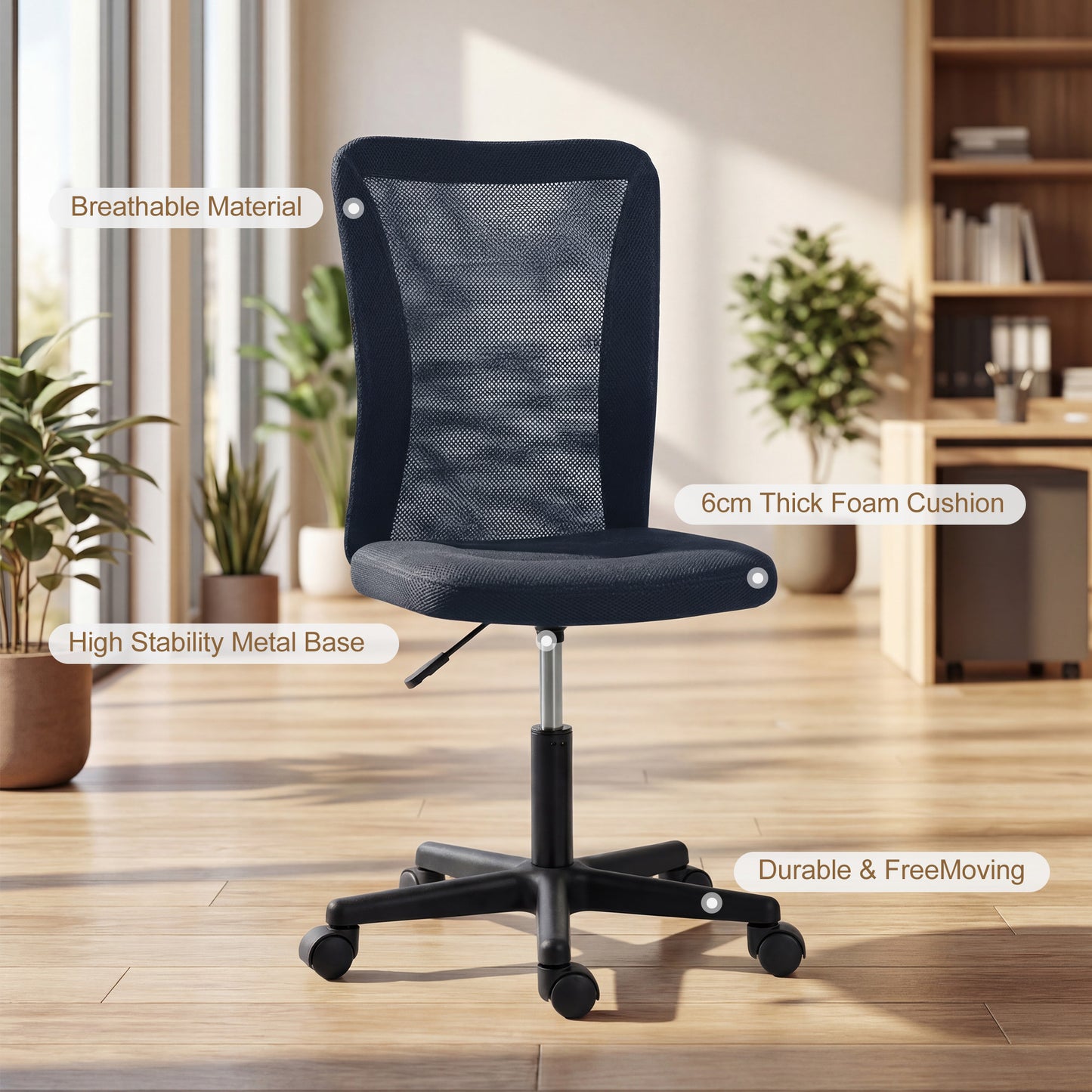 Computer Desk Chair, Mesh Office Chair with Adjustable Height and Swivel Wheels, Armless Study Chair, Dark Grey