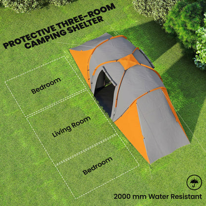 Large Camping Tent Tunnel Tent with 2 Bedroom and Living Area, 2000mm Waterproof, Portable with Bag for 4 Man, Orange
