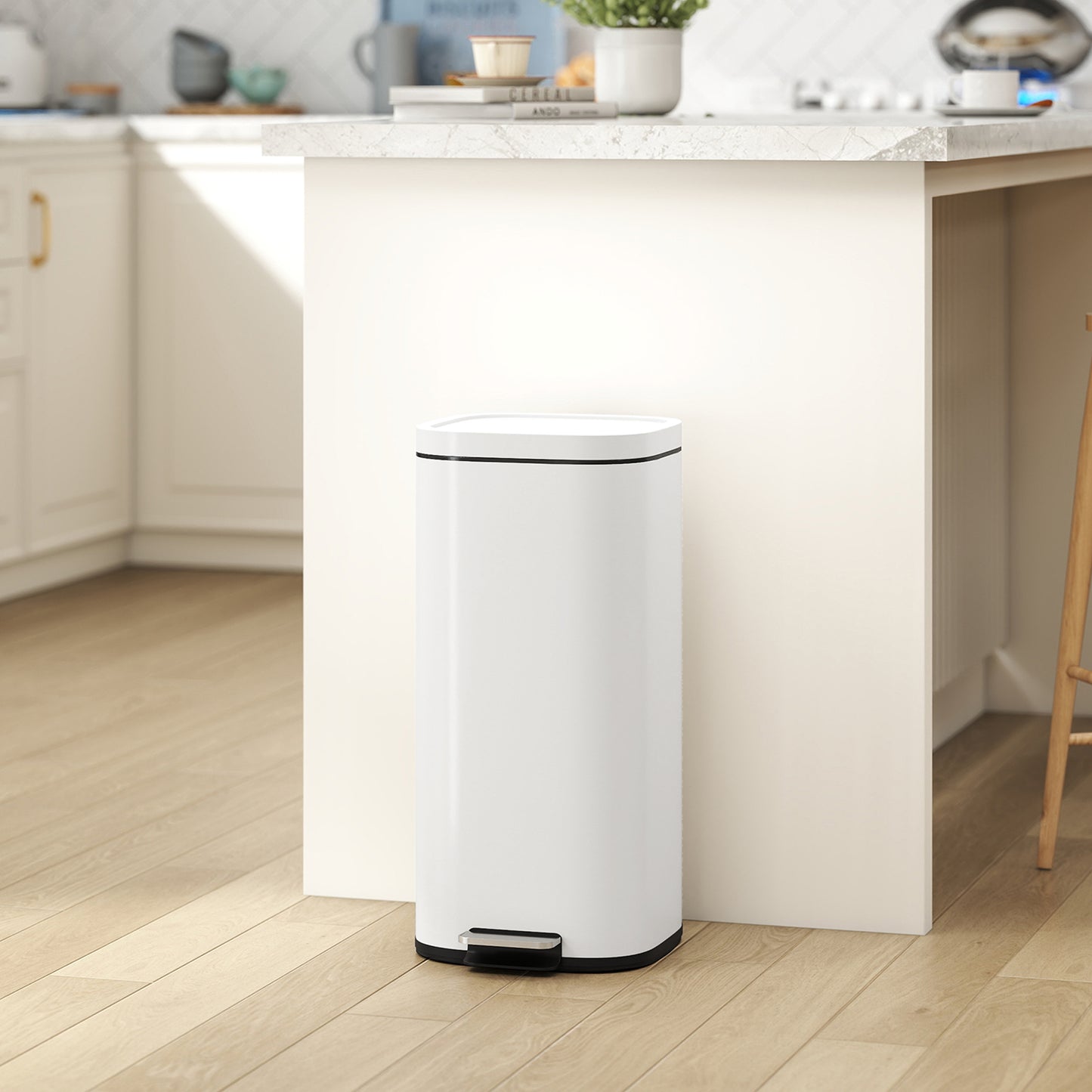 30L Kitchen Bin, Compact Pedal Bin with Soft-Close and Stay-Open Lid, Removable Bucket for Kitchen, Home, Office, Cream