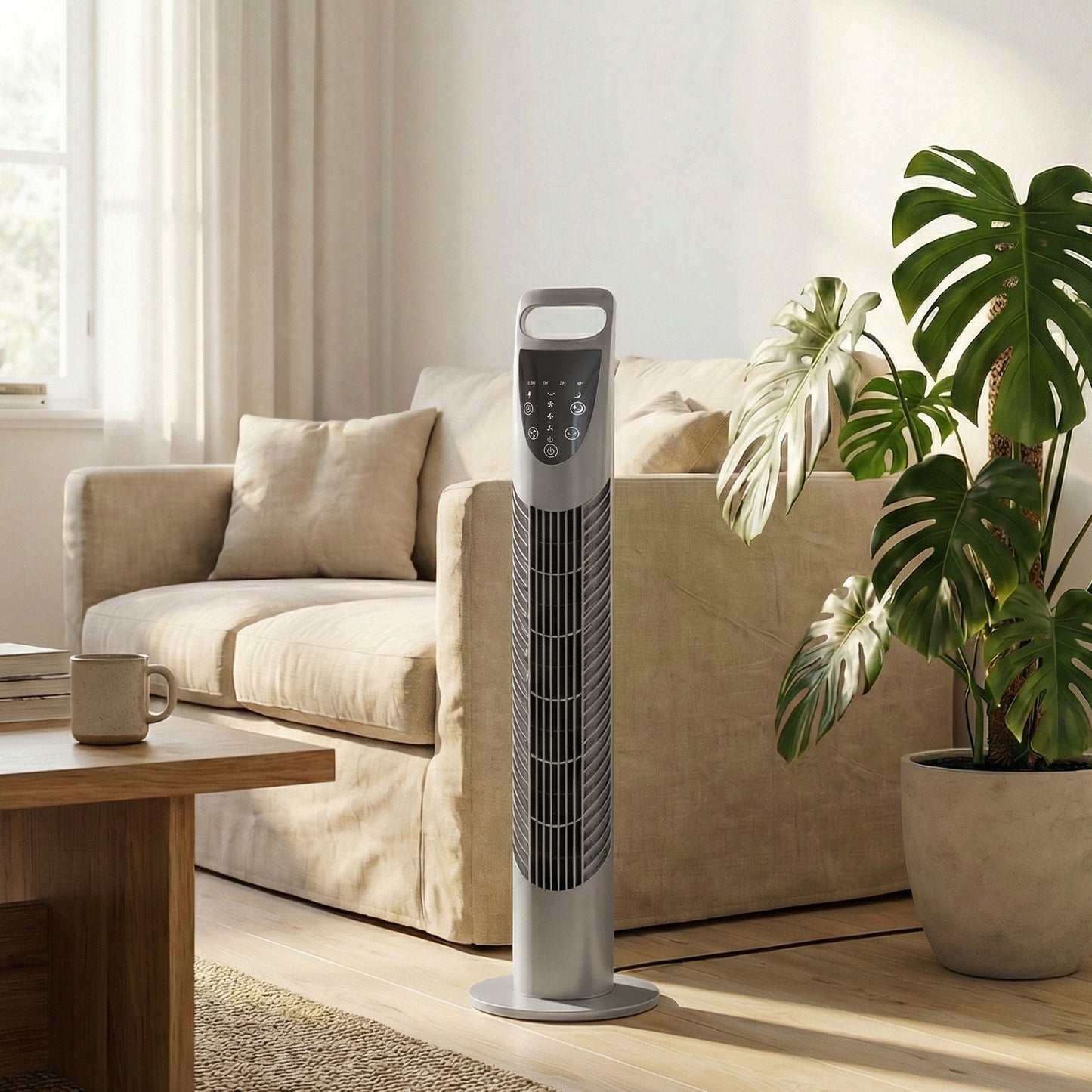 Tower Fan Oscillating 3 Speeds 3 Winds 40W w/ RC Timer Quiet - Grey