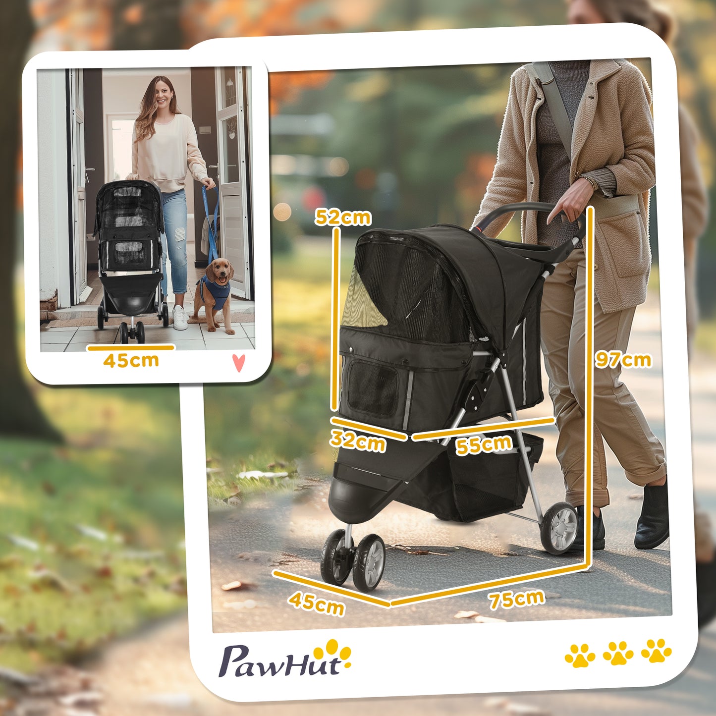3 Wheel Pet Stroller for Small and Miniature Dogs, Black