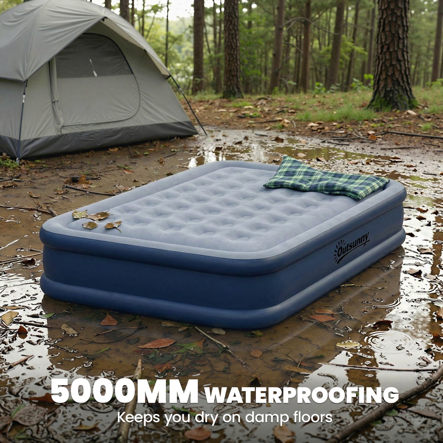 Inflatable Mattress, Double Air Bed with Built-in Electric Pump, 3 Mins Inflation, Flocked Surface, Grey