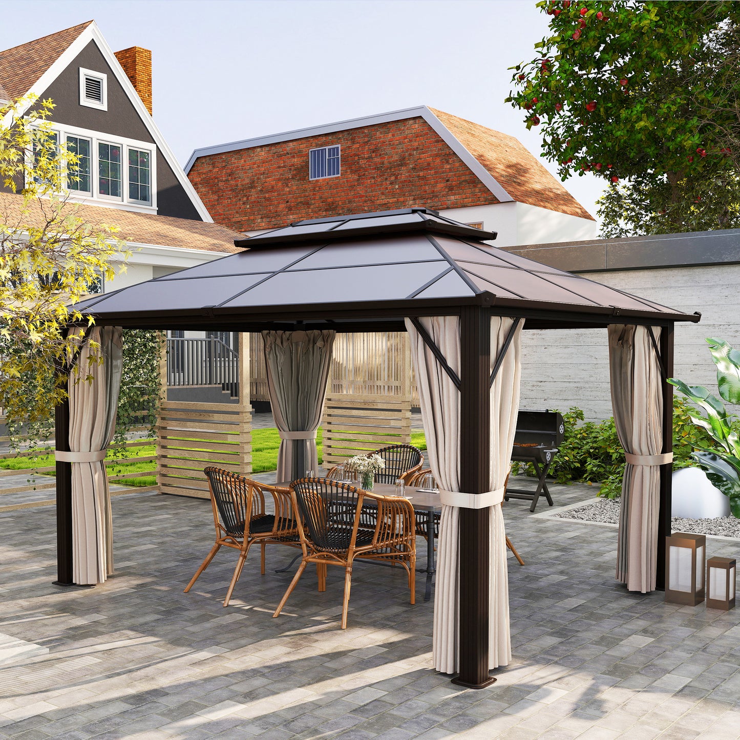 3 x 4m Hardtop Gazebo Canopy with UPF30+ Double Polycarbonate Roof, Aluminium Frame Garden Gazebo Permanent Pavilion