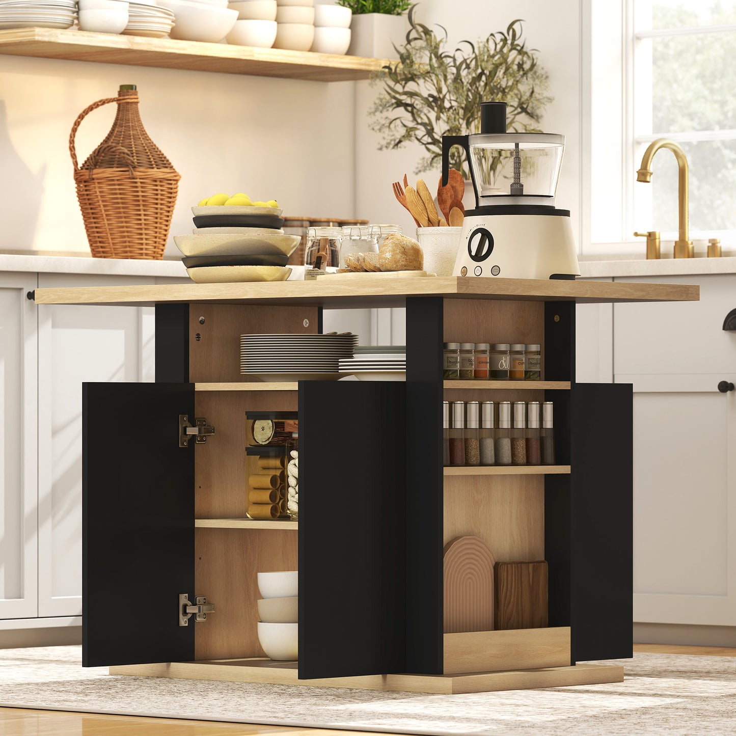 Kitchen Island with Spice Rack, Kitchen Storage with Large Tabletop for 4 People, Adjustable Shelves Black & Natural