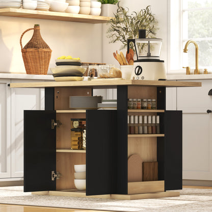 Kitchen Island with Spice Rack, Kitchen Storage with Large Tabletop for 4 People, Adjustable Shelves Black & Natural