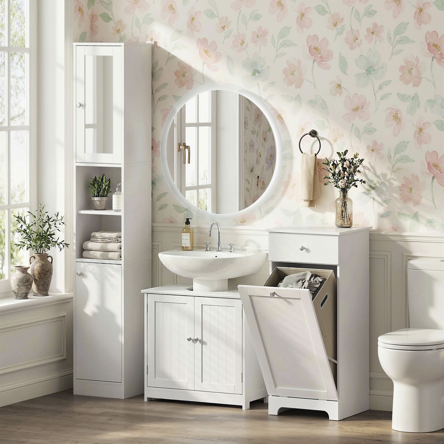 Under Sink Bathroom Cabinet, Freestanding Under Sink Cabinet with 2 Doors and Adjustable Shelf for Basin without or with Pede