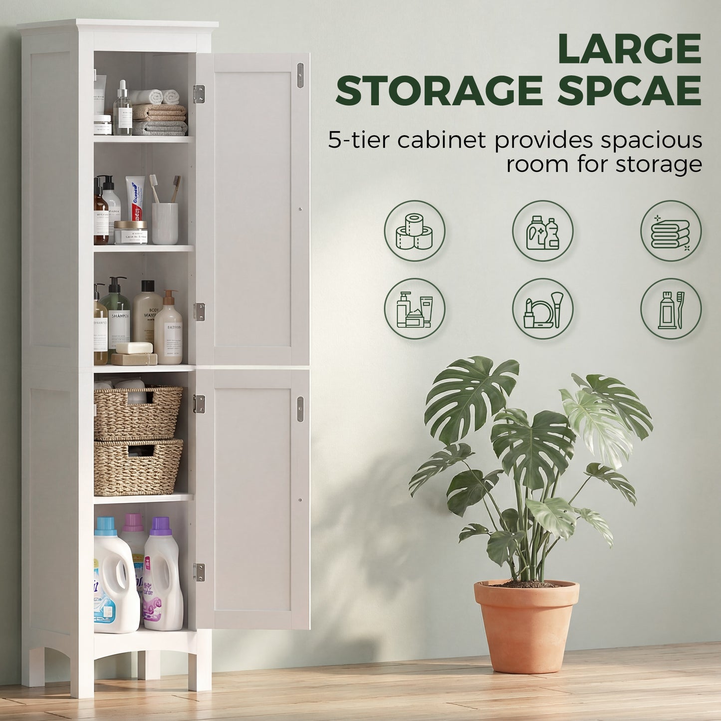 Tall Bathroom Storage Unit, Slim Bathroom Cabinet with Adjustable Shelves and Double Door, White