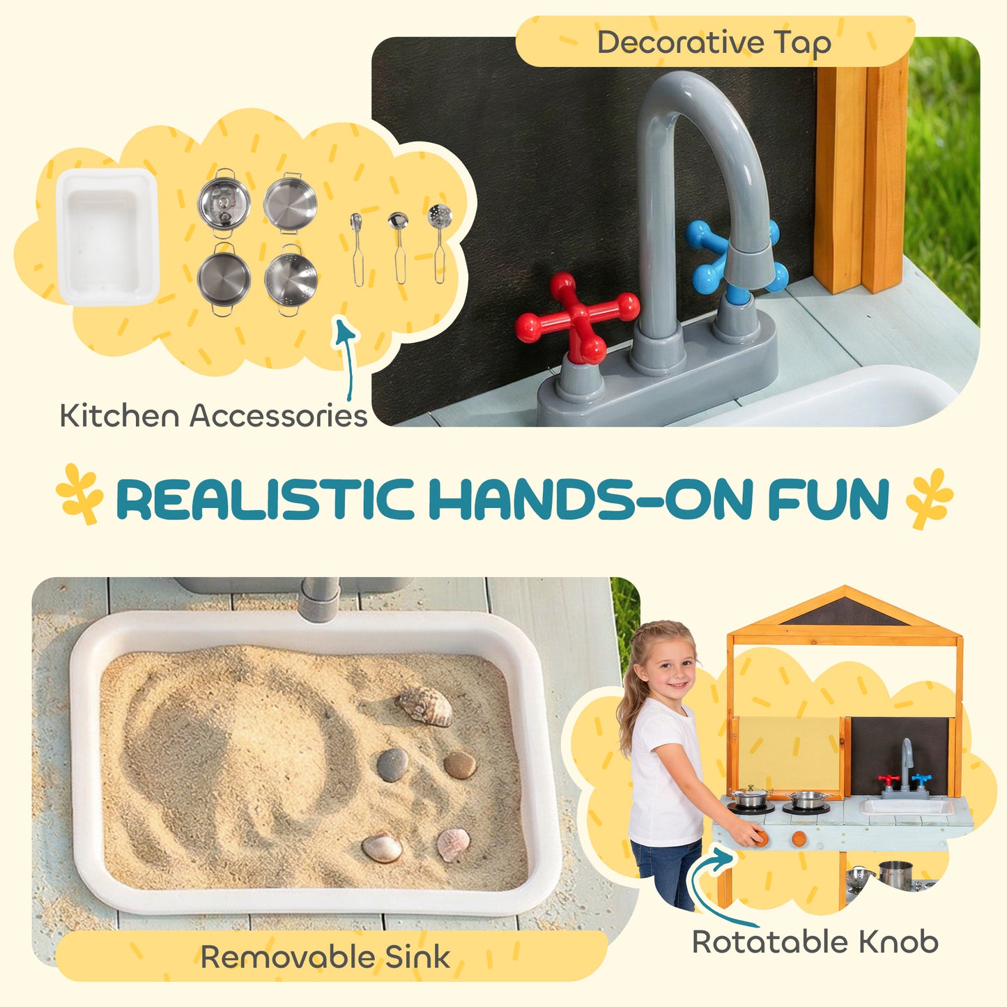 Mud Kitchen for Kids, Outdoor Wooden Play Kitchen with Sink, Stove, Cookware, Shelves, Pretend Play Toy for Ages 3-8