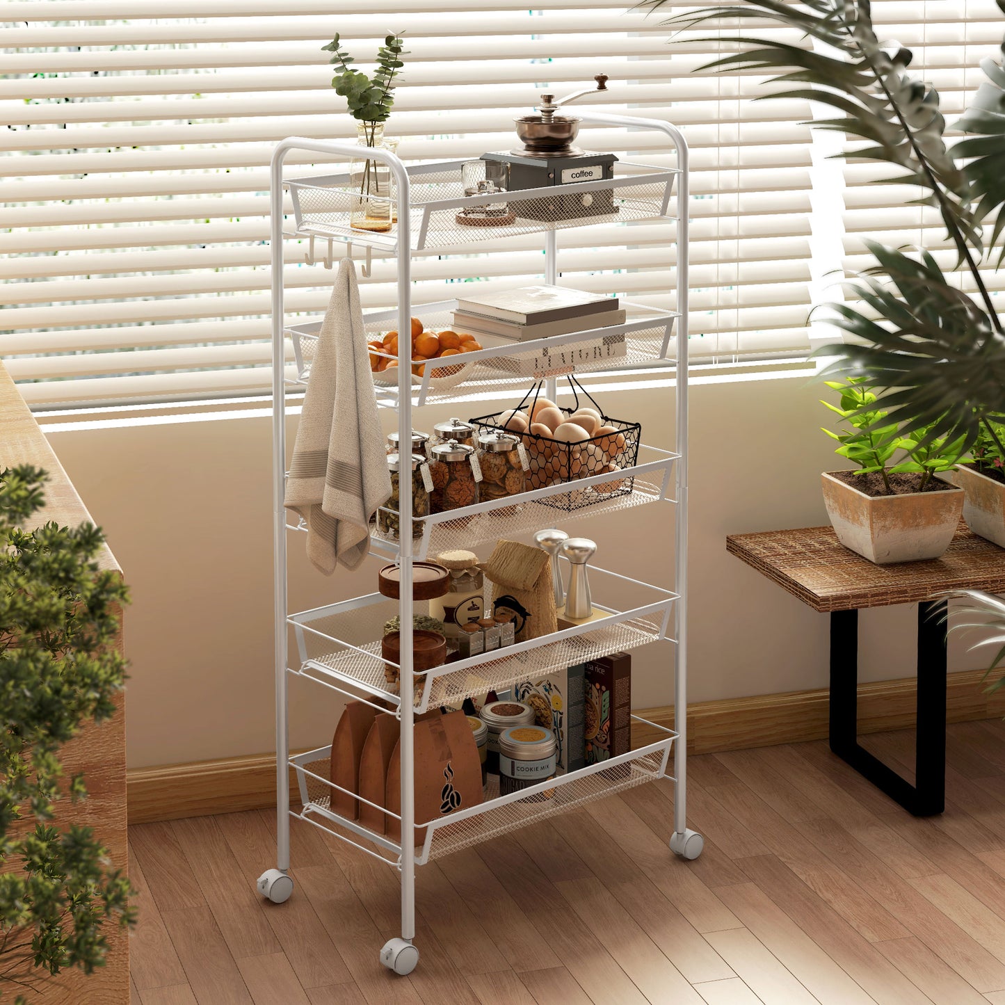 Five-Steel Mesh Basket Storage Trolley, with Wheels - White