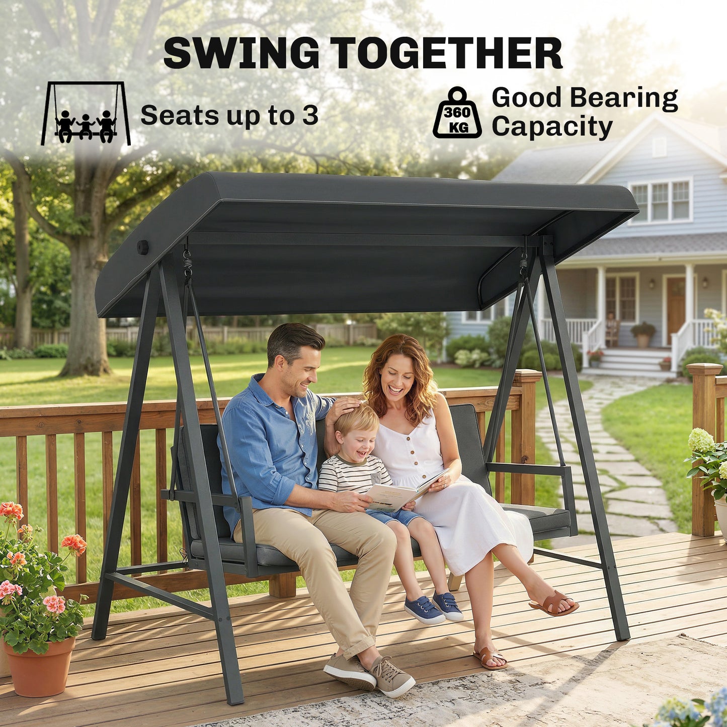 Three-Seat Garden Swing Chair, with Adjustable Canopy - Dark Grey