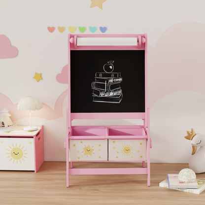 Art Easel for Kids, Double-Sided Whiteboard/Blackboard with Paper Roll, Two Storage Boxes, for Ages 3-8 Years, Pink