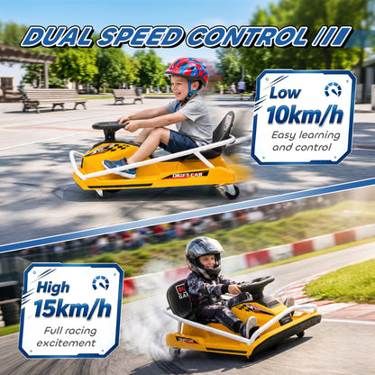 24V Electric Go Kart for Kids with Drift Mode, 300W Brushless Motor, Soft Start and Dual Speed for Ages 6-10, Yellow
