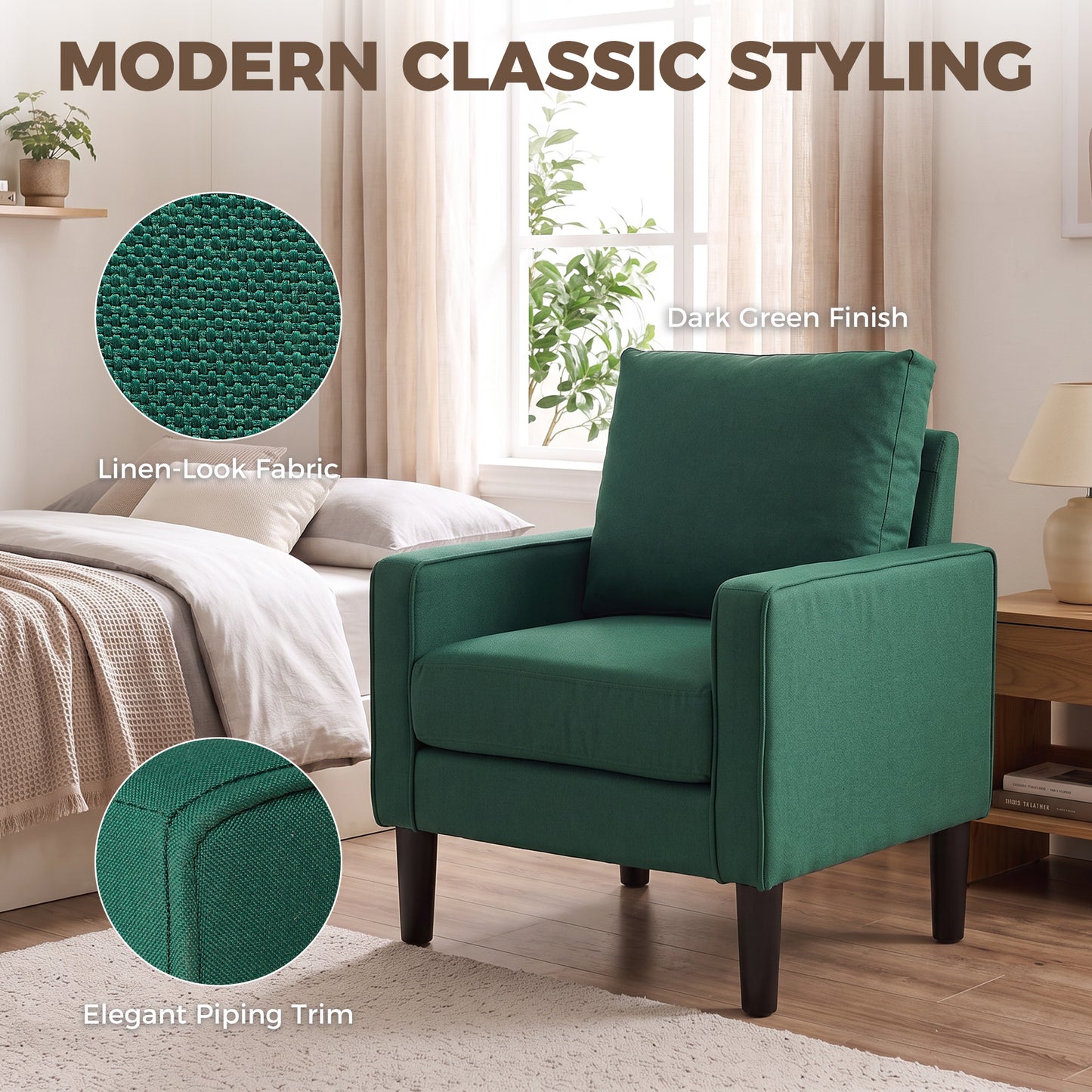 Accent Chair, Removable Pillow Linen Armchair with Comfy Spring Cushion for Living Room, Bedroom, Study, Dark Green