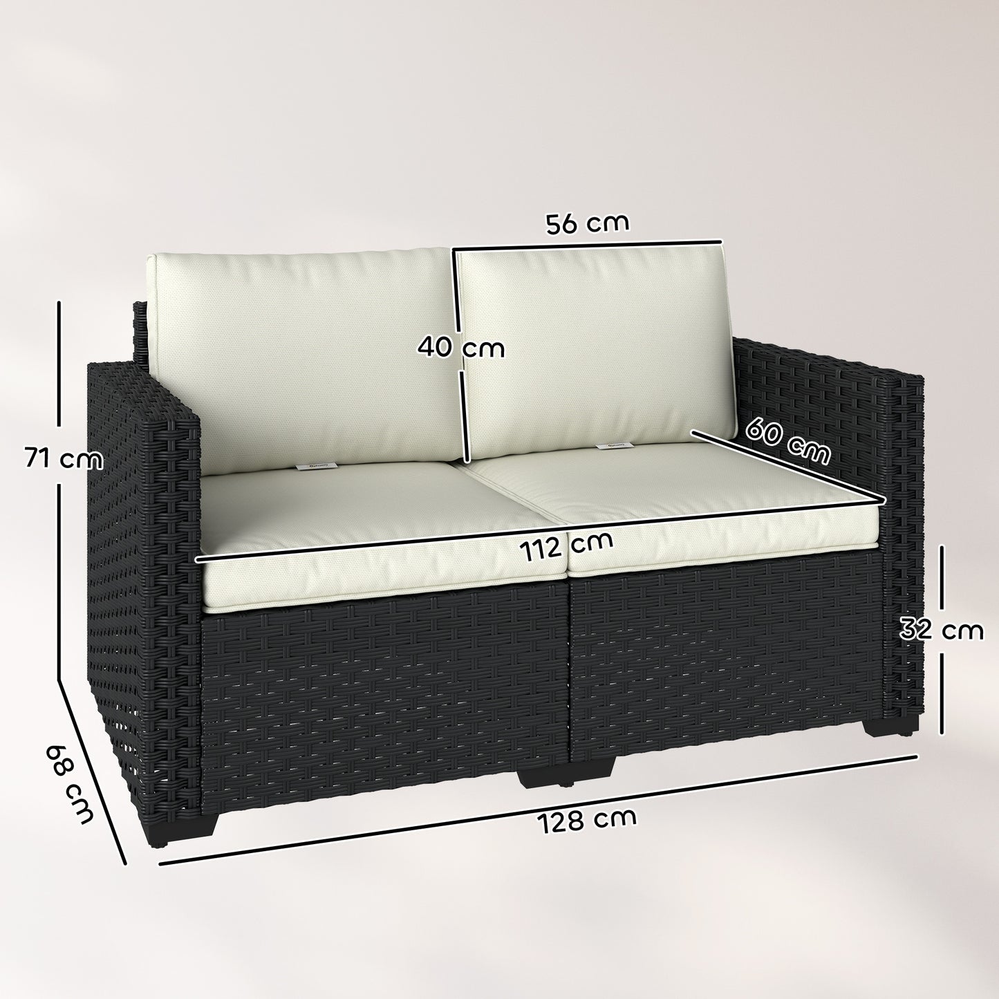 2 Seater Rattan Sofa, Outdoor Garden Sofa with Deep Seat, Cushions, Wide Armrests for Patio, Balcony, Porch, Black