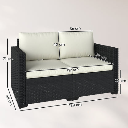 2 Seater Rattan Sofa, Outdoor Garden Sofa with Deep Seat, Cushions, Wide Armrests for Patio, Balcony, Porch, Black