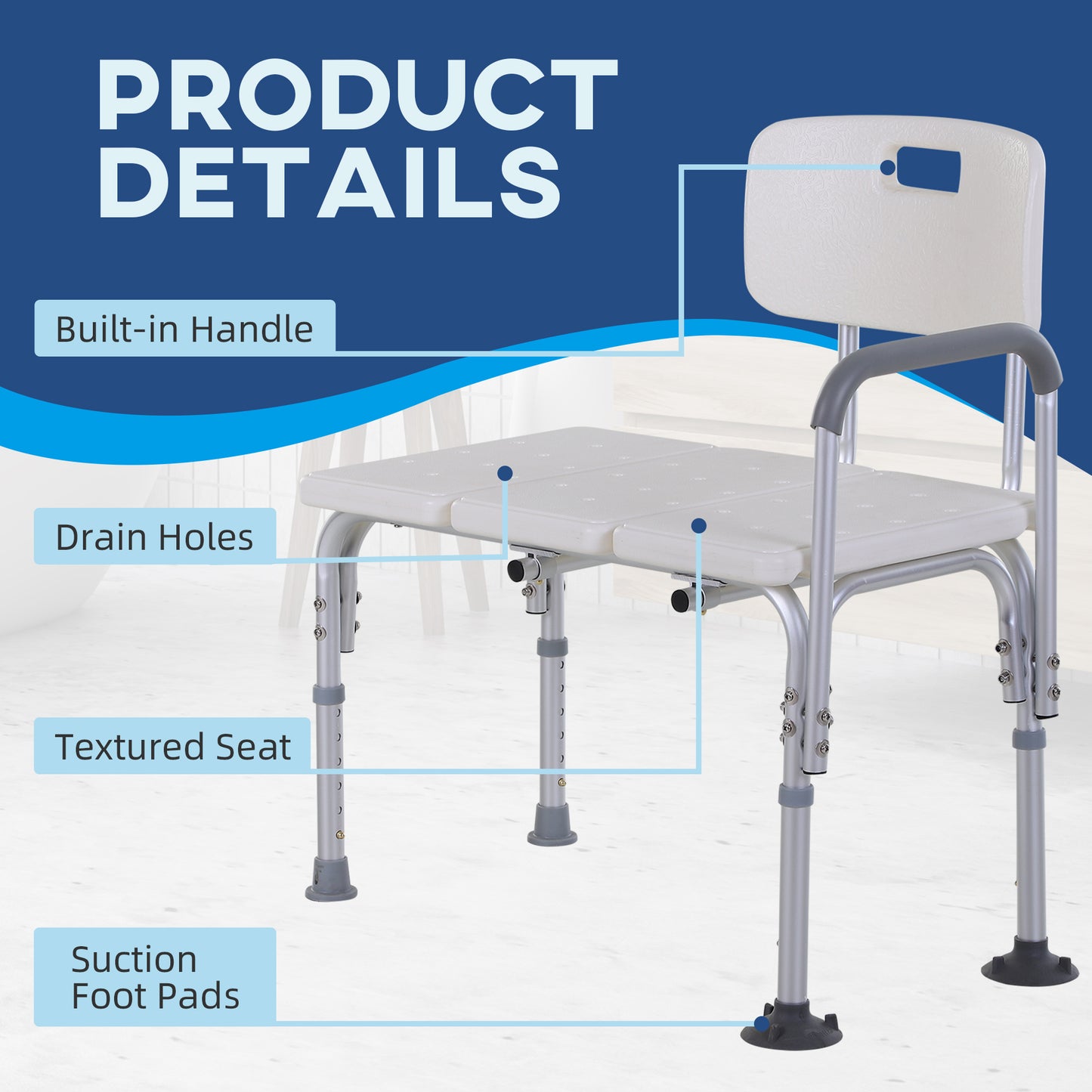 Height Adjustable Shower Chair, Non Slip Bath Transfer Bench for Elderly, Disabled with Armrest and Backrest